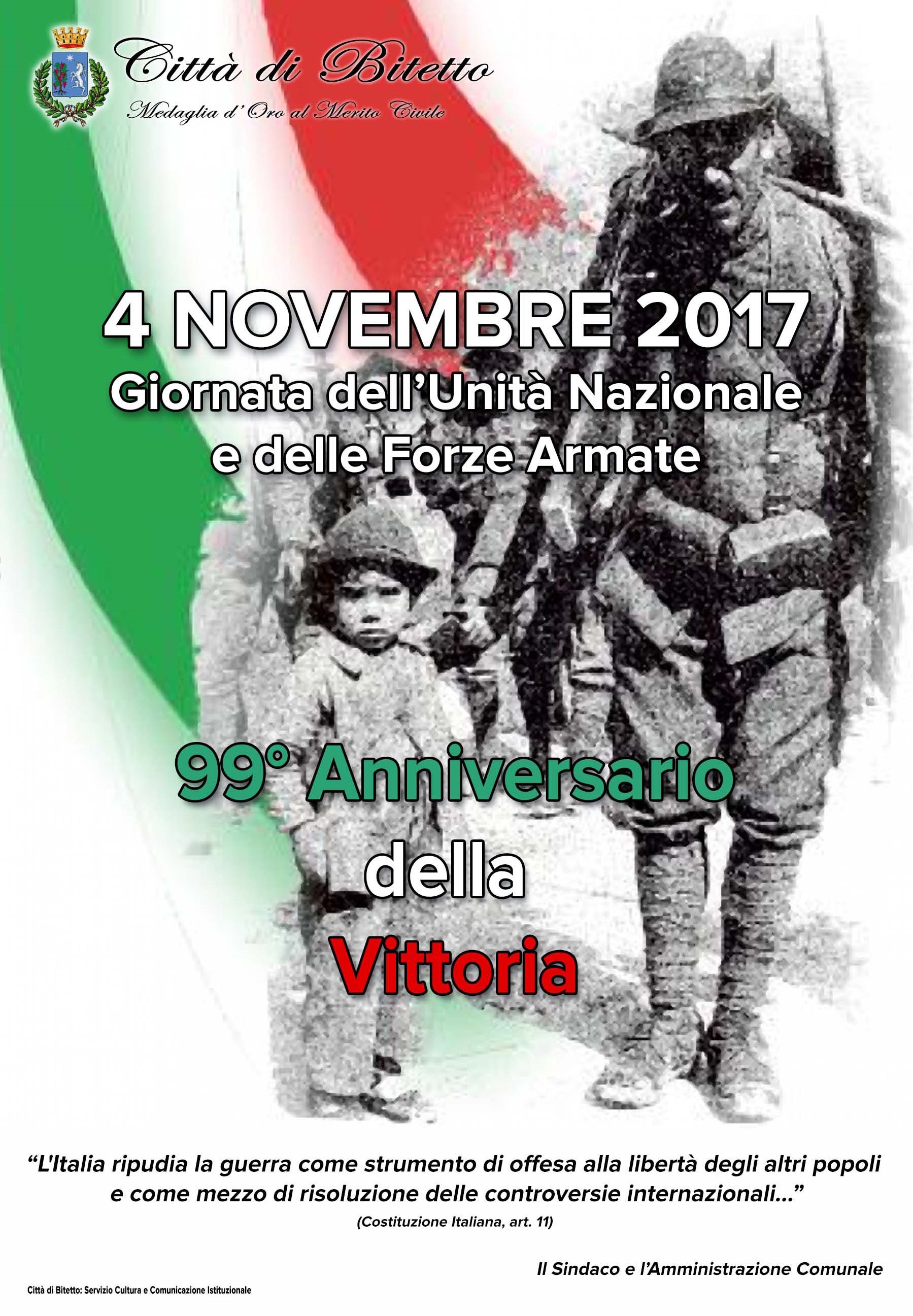4 novembre 2017: FESTA DELL’UNITA’ NAZIONALE E GIORNATA DELLE FORZE ARMATE