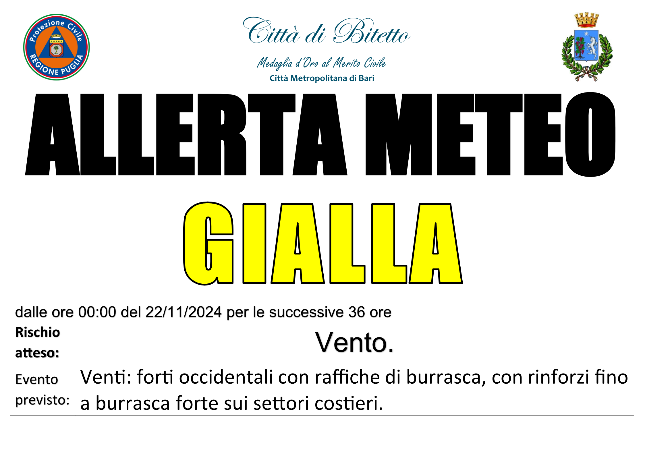 Allerta Meteo dalle 00:00 del 22/11/2024 alle 12:00 del 23/11/2024